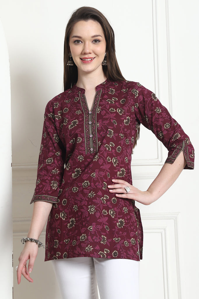 Wine Cotton Floral Printed Tunic