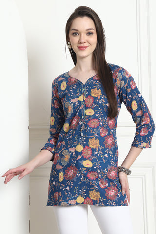 Blue Cotton Floral Printed Tunic