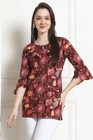 Maroon Cotton Floral Printed Tunic