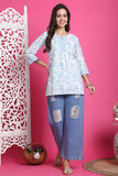 White & Sky Blue Pure Cotton Floral Printed Tunic