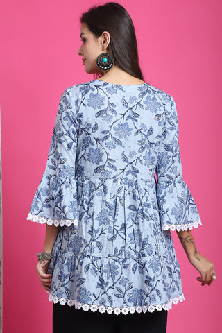 Light Blue Pure Cotton Floral Printed Tunic