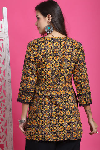 Black & Yellow Pure Cotton Floral Printed Tunic