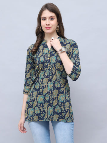 Navy Blue Pure Cotton Floral Printed Tunic