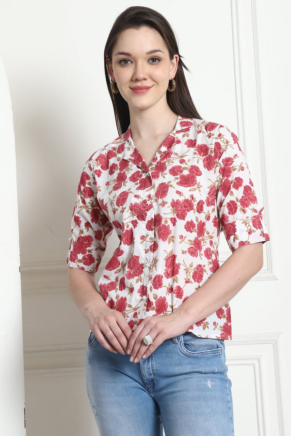 White & Magenta Cotton Floral Printed Crop Top