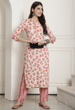 Cream & Peach Rayon Jaipuri Printed Kurta With Pant