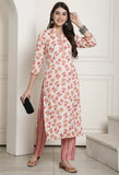 Cream & Peach Rayon Jaipuri Printed Kurta With Pant