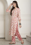 Cream & Peach Rayon Jaipuri Printed Kurta With Pant