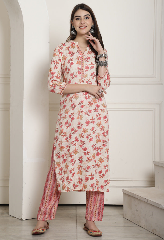 Cream & Peach Rayon Jaipuri Printed Kurta With Pant