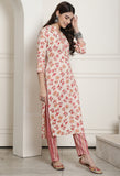 Cream & Peach Rayon Jaipuri Printed Kurta With Pant