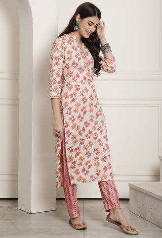 Cream & Peach Rayon Jaipuri Printed Kurta With Pant