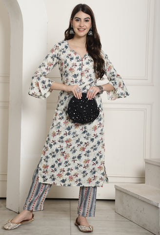 Cream & Grey Rayon Jaipuri Printed Kurta With Pant