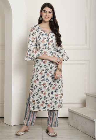 Cream & Grey Rayon Jaipuri Printed Kurta With Pant