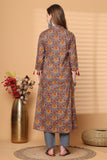 Brown Pure Cotton Jaipuri Printed Kurta-Shrug With Pant