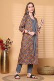 Brown Pure Cotton Jaipuri Printed Kurta-Shrug With Pant