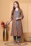 Brown Pure Cotton Jaipuri Printed Kurta-Shrug With Pant