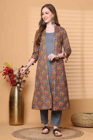 Brown Pure Cotton Jaipuri Printed Kurta-Shrug With Pant