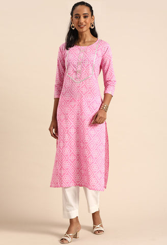 Pink Pure Cambric Cotton Jaipuri Printed Kurti