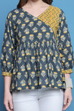 Grey & Yellow Pure Cotton Jaipuri Printed Short Top