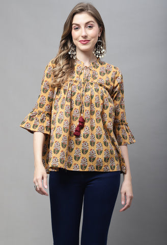 Mustard Yellow Pure cotton Jaipuri Printed Short Top