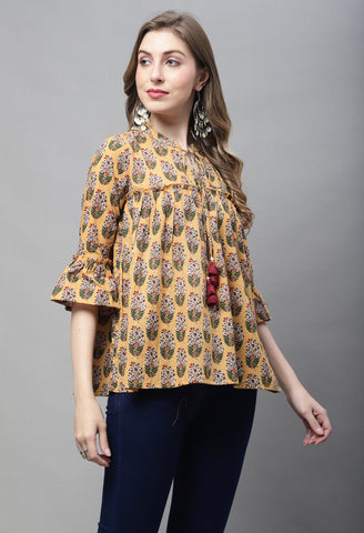 Mustard Yellow Pure cotton Jaipuri Printed Short Top