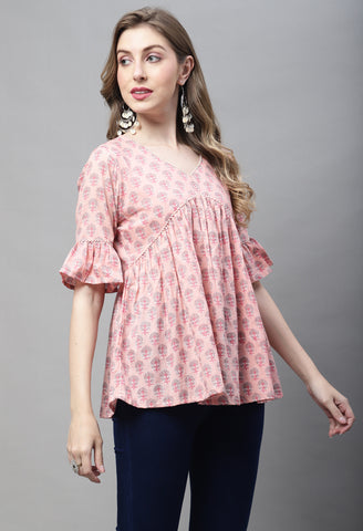 Peach Pure cotton Jaipuri Printed Short Top