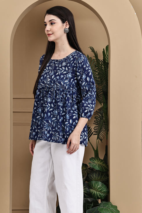Garden Vibes Blue Cotton Jaipuri Printed Short Top