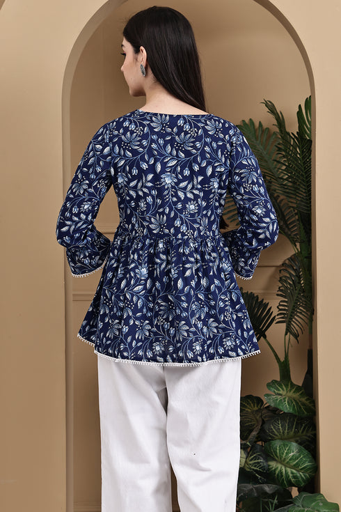 Coastal Floral Chic Cotton Jaipuri Printed Short Top