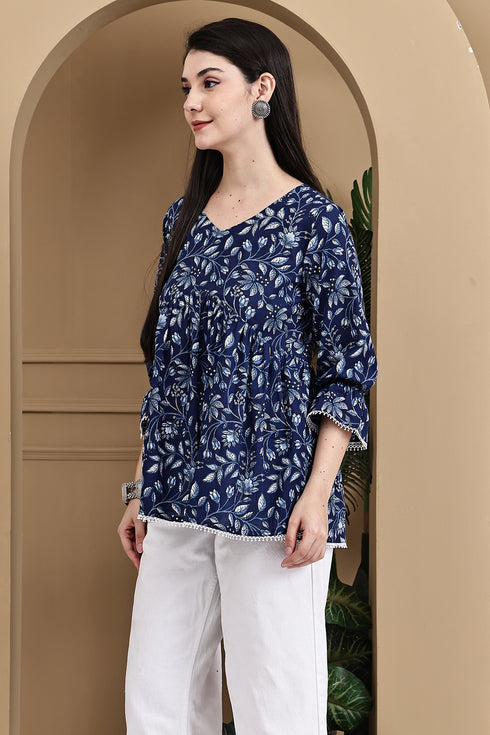 Coastal Floral Chic Cotton Jaipuri Printed Short Top