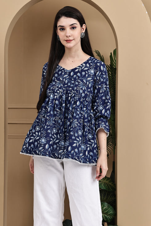 Coastal Floral Chic Cotton Jaipuri Printed Short Top