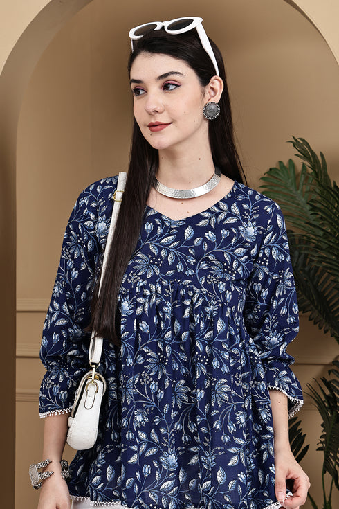 Coastal Floral Chic Cotton Jaipuri Printed Short Top