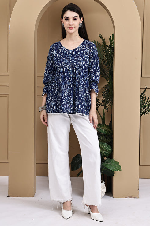 Coastal Floral Chic Cotton Jaipuri Printed Short Top