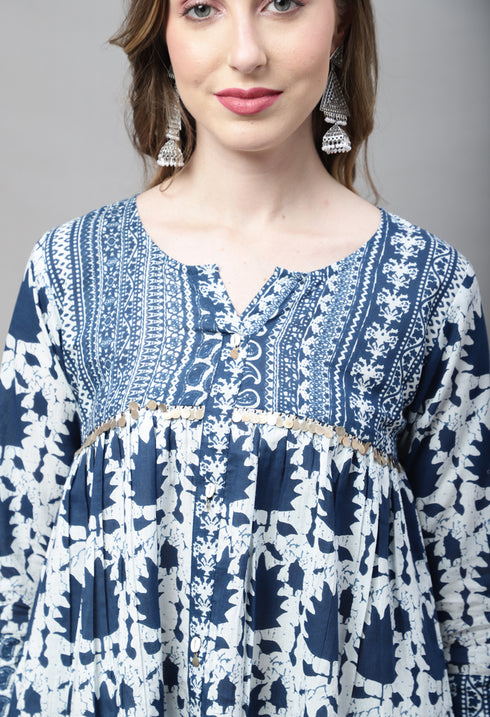 Navy Blue Pure cotton Jaipuri Printed Short Top