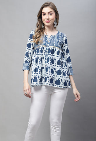 Navy Blue Pure cotton Jaipuri Printed Short Top