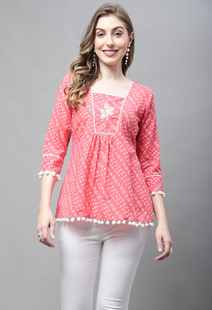 Peach Pure cotton Bandhej Print Short Top