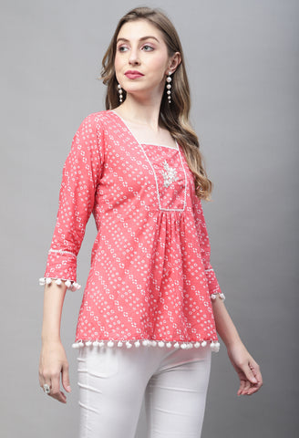 Peach Pure cotton Bandhej Print Short Top