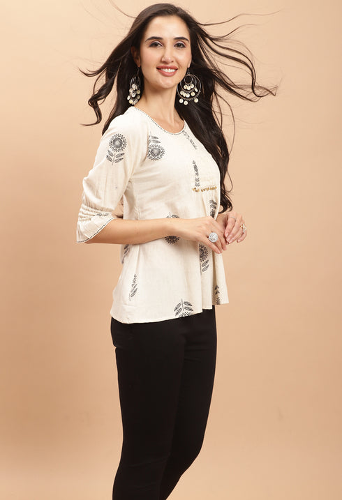 Off White Pure cotton Jaipuri Printed Short Top