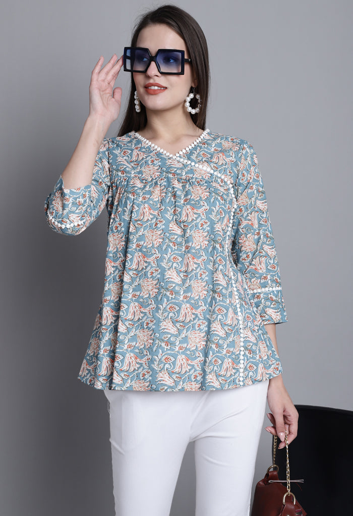 Sea Green Pure cotton Jaipuri Printed Short Top