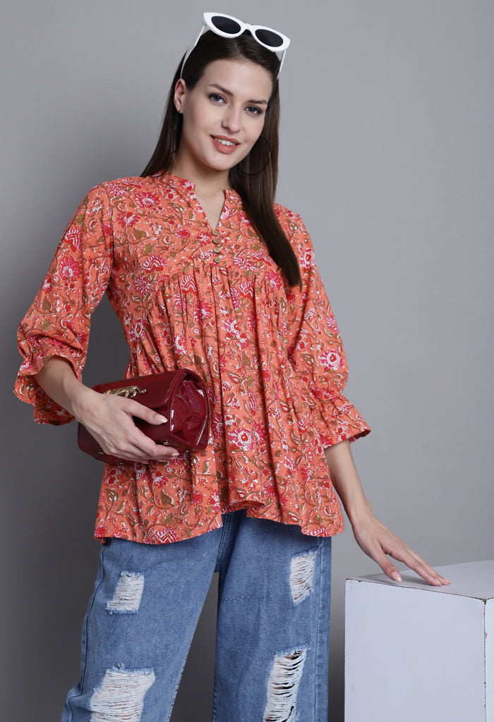 Light Orange Pure cotton Jaipuri Printed Short Top