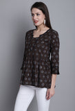 Dark Brown Pure cotton Jaipuri Printed Short Top