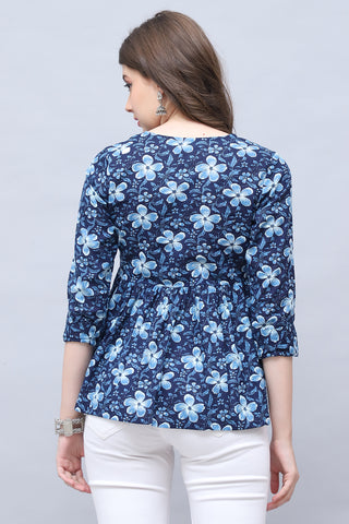 Navy Blue Pure Cotton Floral Printed Short Top