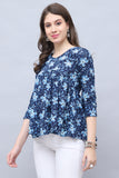 Navy Blue Pure Cotton Floral Printed Short Top