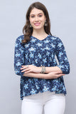 Navy Blue Pure Cotton Floral Printed Short Top