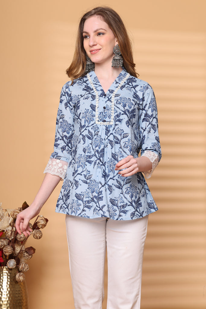 Rajnandini Women Sky Blue Pure Cotton Jaipuri Printed Short Top