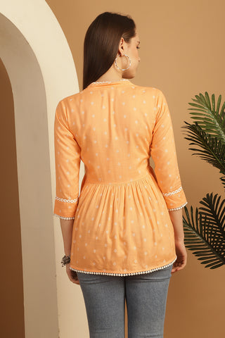 Light Orange Pure Cotton Jaipuri Printed Short Top