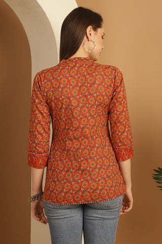 Orange Pure Cotton Floral Printed Short Top