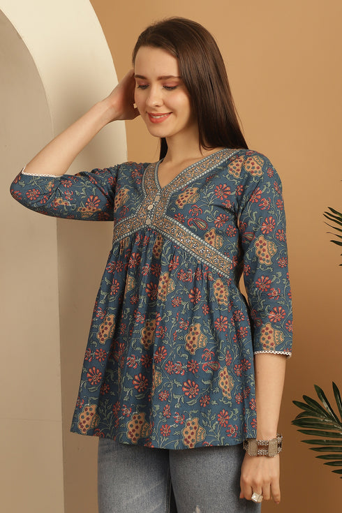 Teal Blue Pure Cotton Floral Printed Short Top