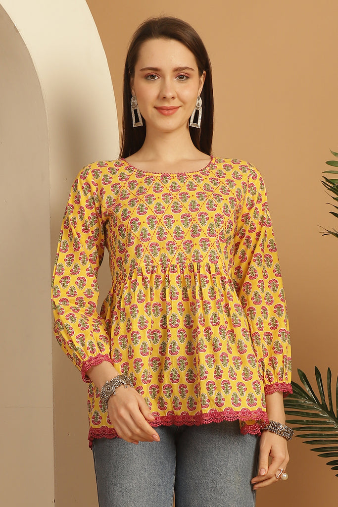 Yellow & Pink Pure Cotton Floral Printed Short Top