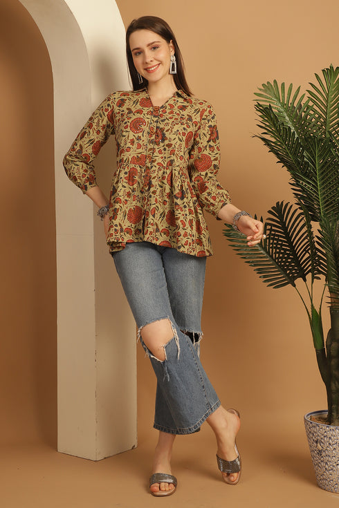 Beige Pure Cotton Floral Printed Short Top