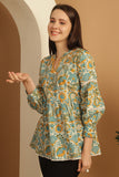 White & Sky Blue Pure Cotton Floral Printed Short Top