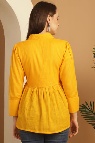 Yellow Pure Cotton Embroidered Short Top